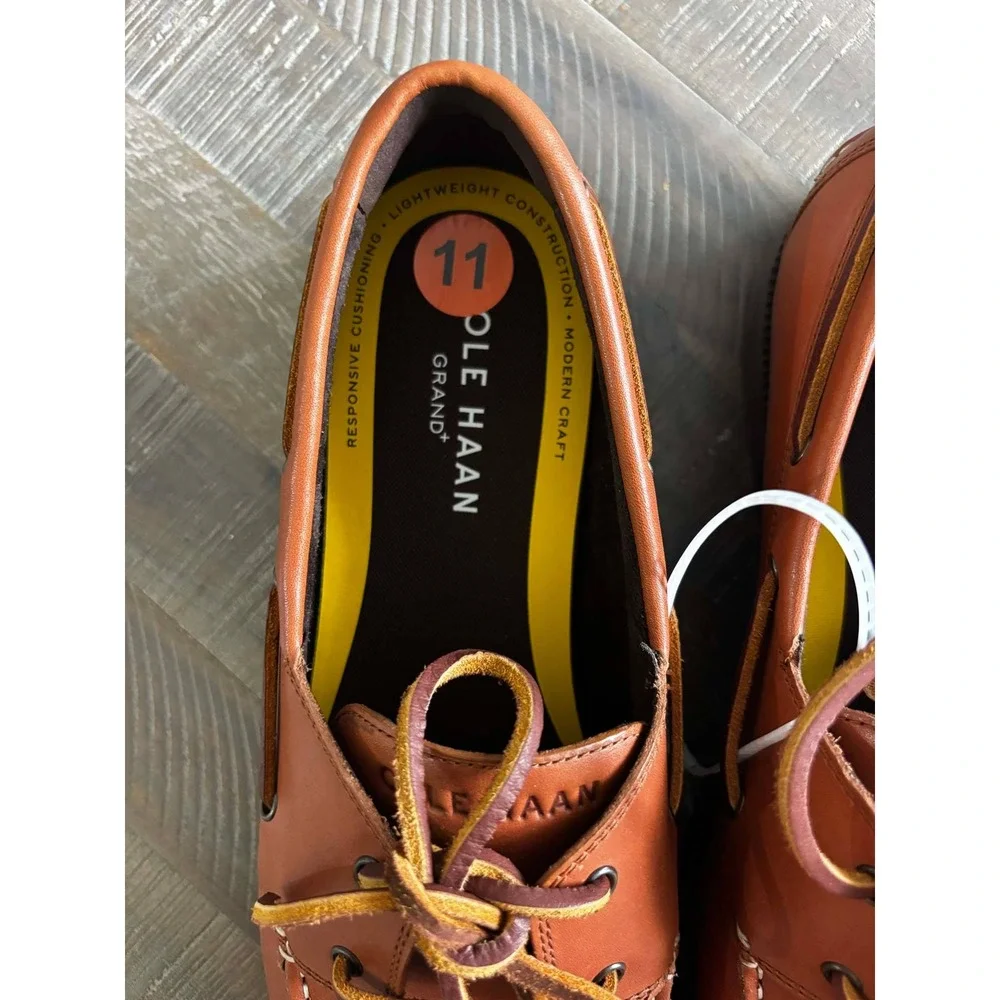 Cole Haan Grand+ Mens 11 British Tan Leather Boat Shoes C42132 Moc Toe Loafers